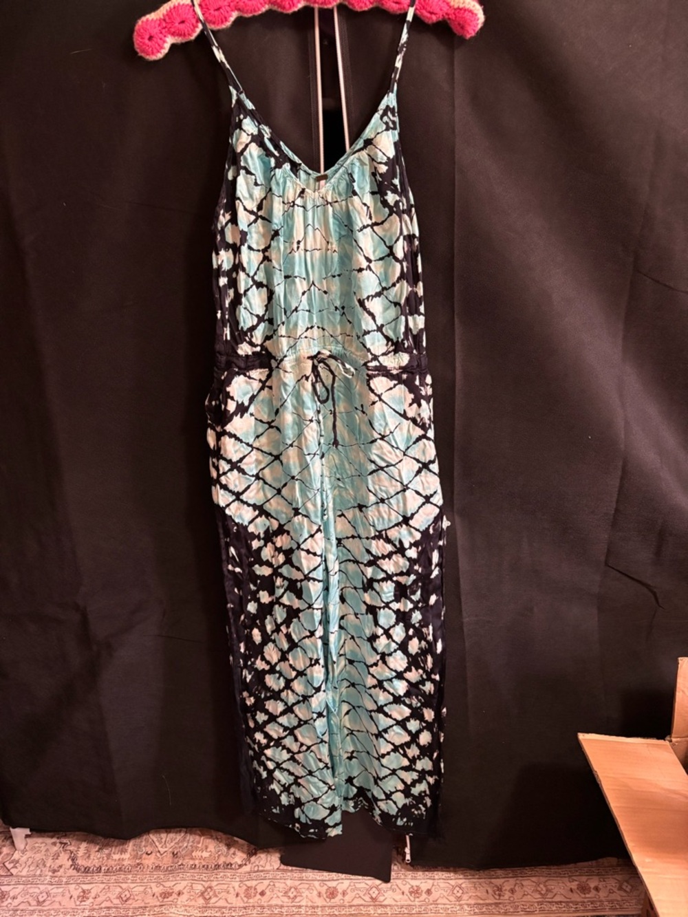 Young Fabulous & Broke, Teal and Black Tie-Dye Romper Silk with Spaghetti Straps